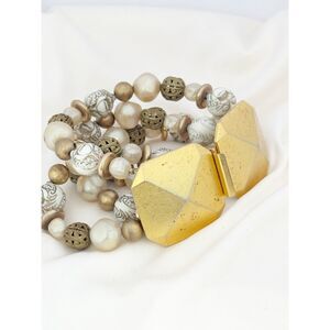 Kate Hines Cream and Gold Tone Beaded Bracelet Four Strands